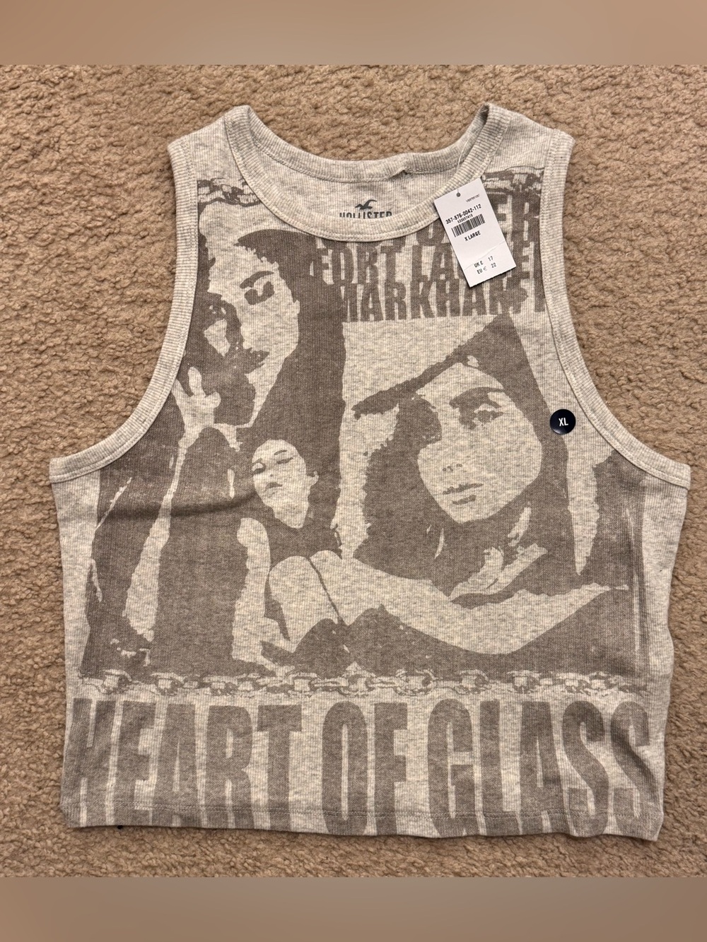 Heart of Glass Graphic Crop Tank - Gray Beige size XL